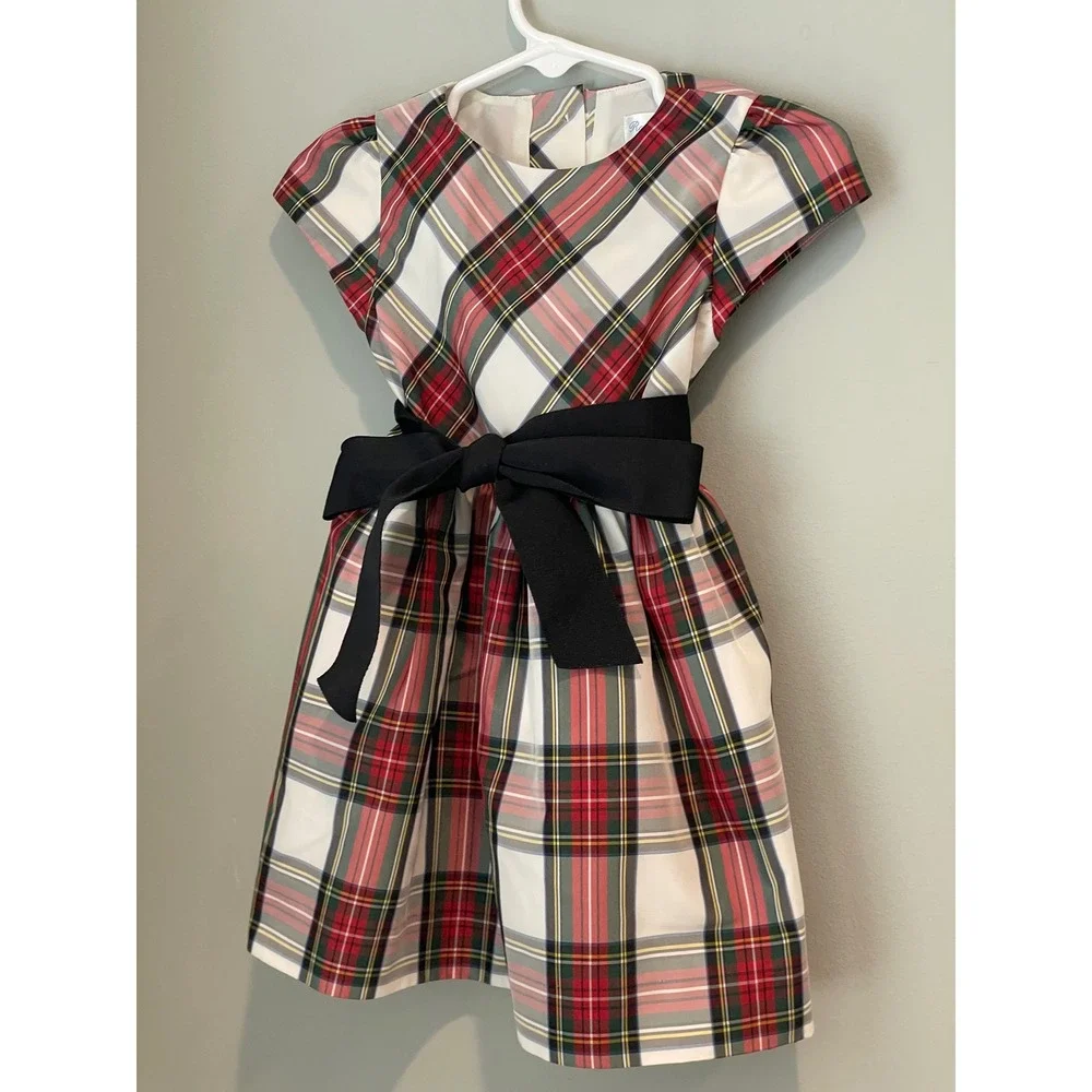 Ralph Lauren Baby Girls Red Green Plaid Holiday Dress Black Bow 12M‎
